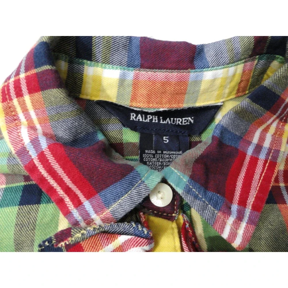 Ralph Lauren Button Up Long Sleeve Shirt Girls Size 5 Yellow Blue Plaid Ruffles
